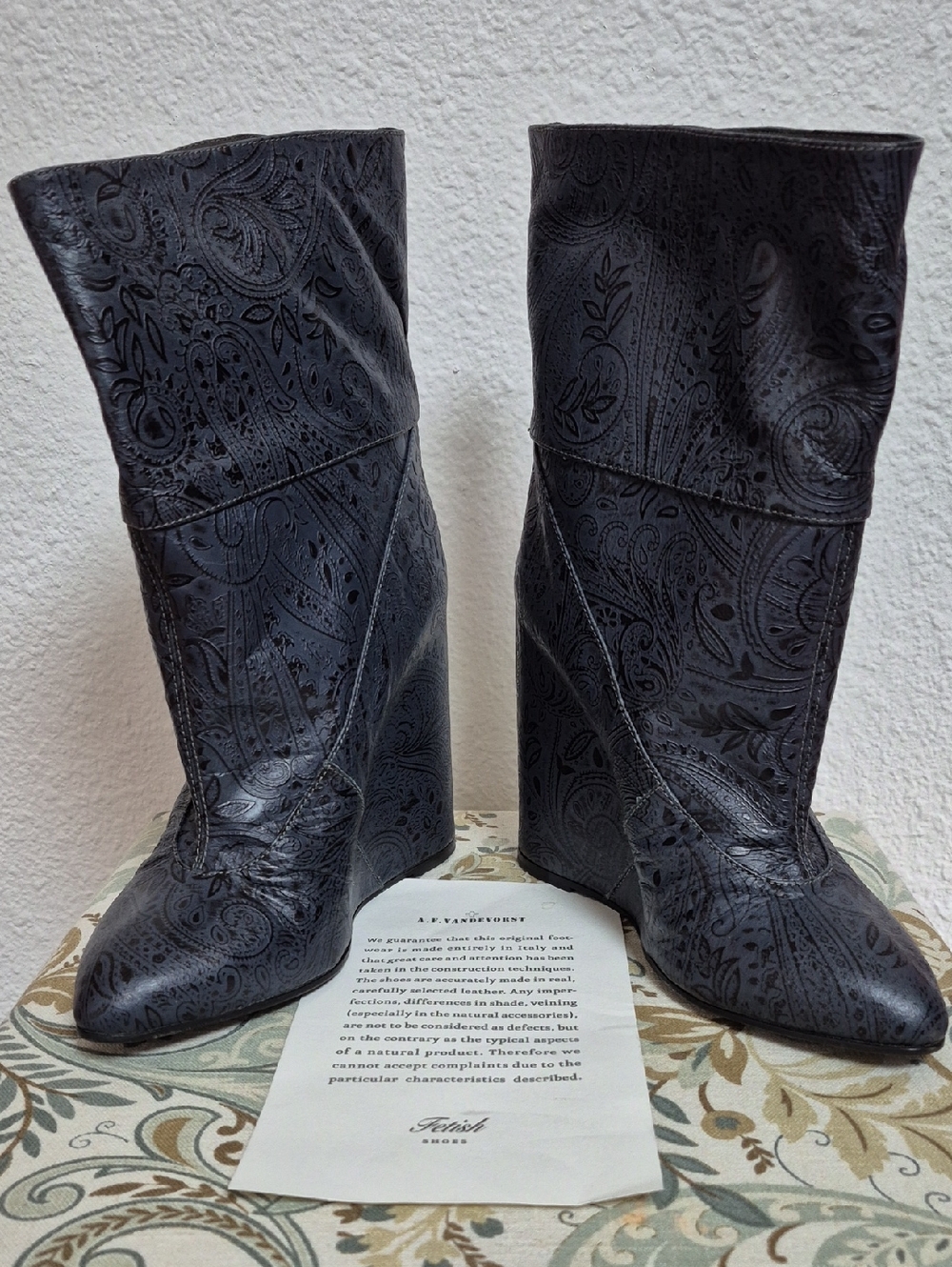 AF Vandervost Embossed Leather Wedge Boots - Paisley Charcoal Navy